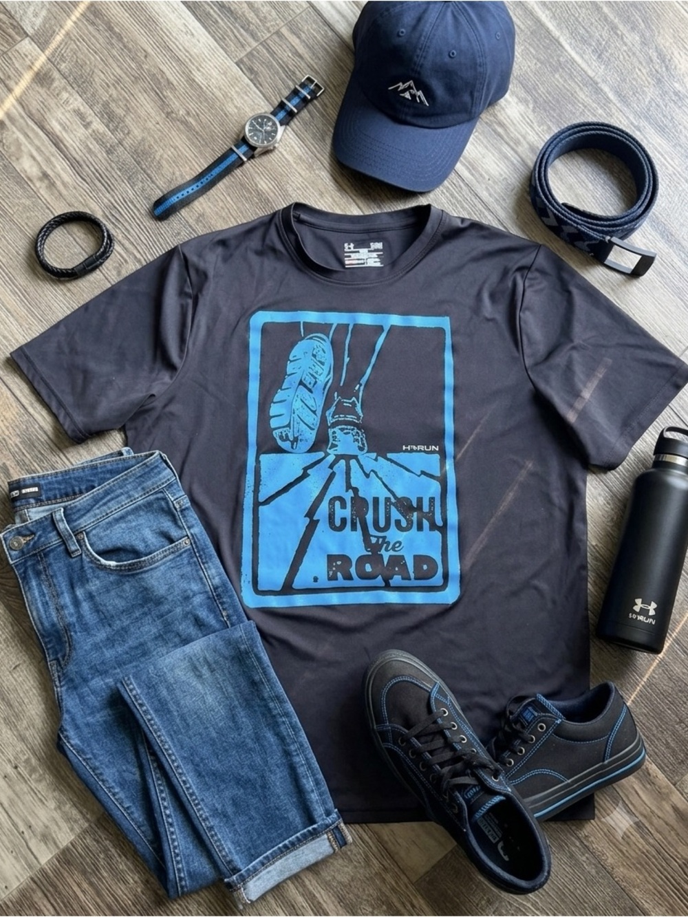 LG Black Short Sleeve Tee with Blue 'Crush The Road' Graphic